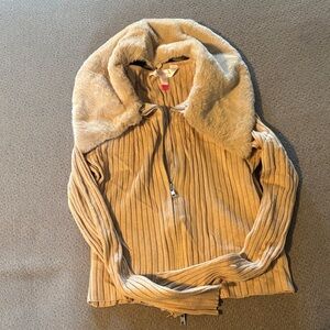 Girls Tan Ribbed Jacket with Faux Fur Collar. NO BOUNDARIES
